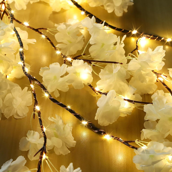 GOESWELL Cherry Blossom Tree Lights for Wall: 7.9FT Lighted Garland for Room and Home Decor - Plug or Battery Operated Artificial Flower Vines for Mantle Fireplace Wedding Party Indoor Outdoor