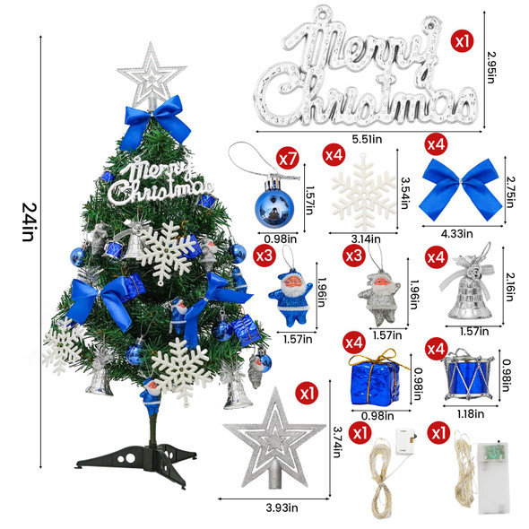 Mini Christmas Tree,Tabletop Christmas Tree 24"/60cm Artificial Green Christmas Tree with Xmas Star Treetop Tree and 37 Hanging Ornaments for Christmas Decoration (Blue Ornaments)