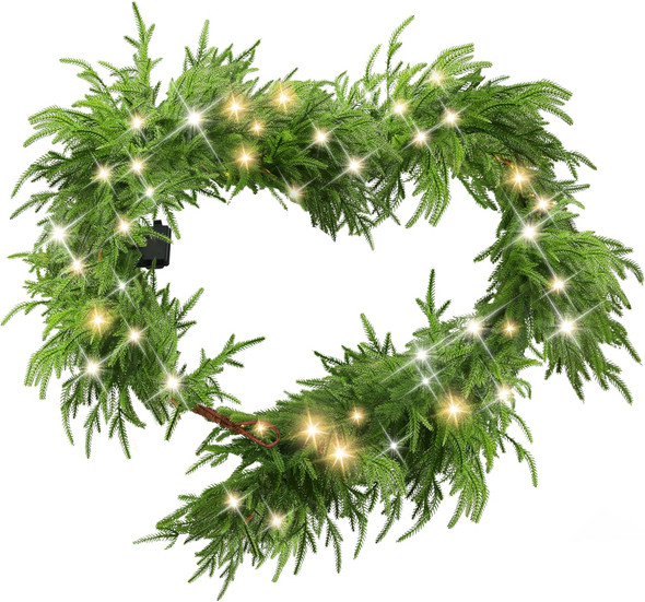 6 Ft Christmas Norfolk Pine Garland with 100 LED Lights, Dense Norfolk Pine Real Touch Garland, Artificial Pine Greenery Garlands for Christmas Holiday Mantle Fireplace Table Home Decor Xmas