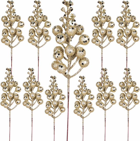 20 Pack Christmas Glitter Berries Stems, 8 Inch Champagne Artificial Christmas Picks for Christmas Tree Ornaments, DIY Xmas Wreath, Crafts, Holiday and Home Decor (Champagne)