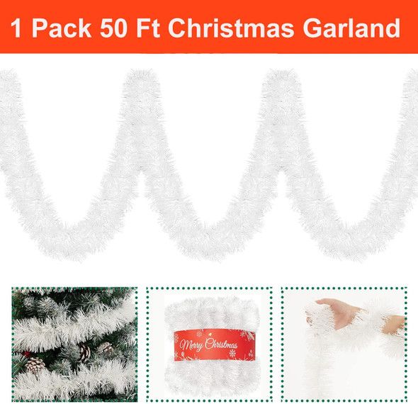 50 Foot Tinsel Garland for Christmas Decorations, Artificial Non-Lit Soft Christmas Garland, White Christmas Garlands Decoration for Indoor, Outdoor, Holiday, Party and Wedding (1 Pack)