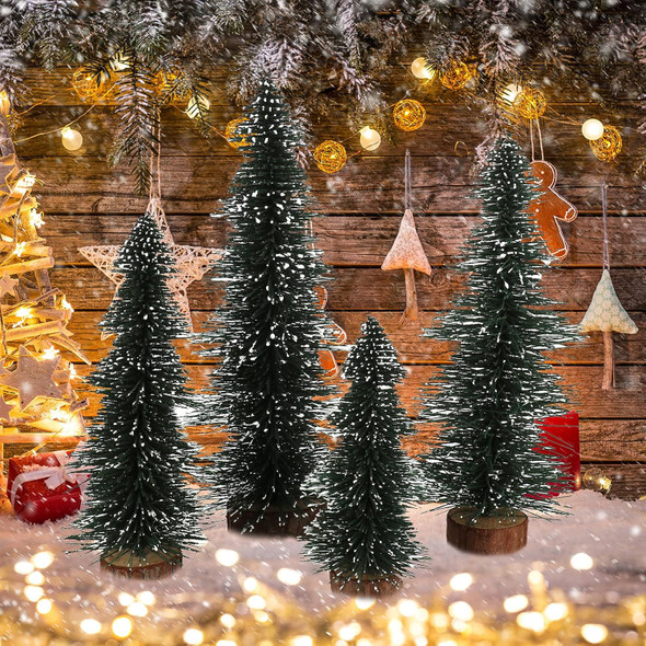 Goosacyon 4 Pcs Small Christmas Tree, Mini Sisal Snow Frost Trees with Wood Base Bottle Brush Trees for Crafts Tabletop Christmas Tree Set for Xmas Home Party Decoration