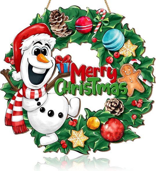 Christmas Snowman Wreath Front Door Sign, Winter Snowman Wooden Door Hanger Outdoor Porch Yard Decor, Xmas Holiday Merry Christmas Wood Wreath Indoor Wall Hanging Decorations Large Size