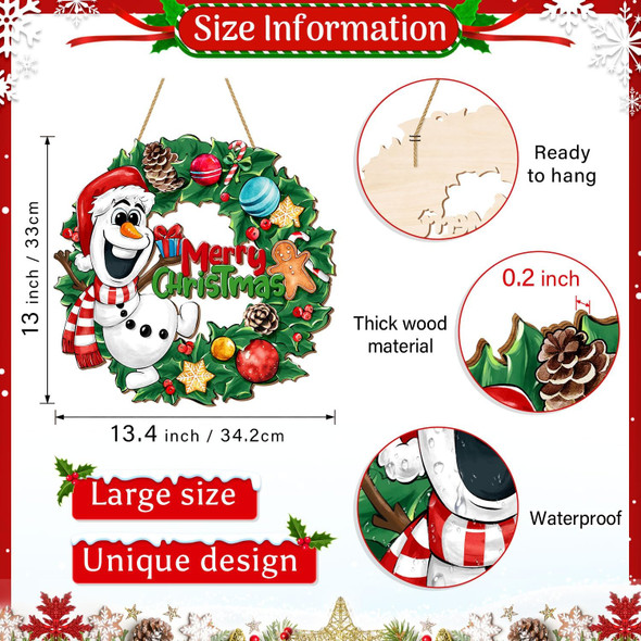 Christmas Snowman Wreath Front Door Sign, Winter Snowman Wooden Door Hanger Outdoor Porch Yard Decor, Xmas Holiday Merry Christmas Wood Wreath Indoor Wall Hanging Decorations Large Size
