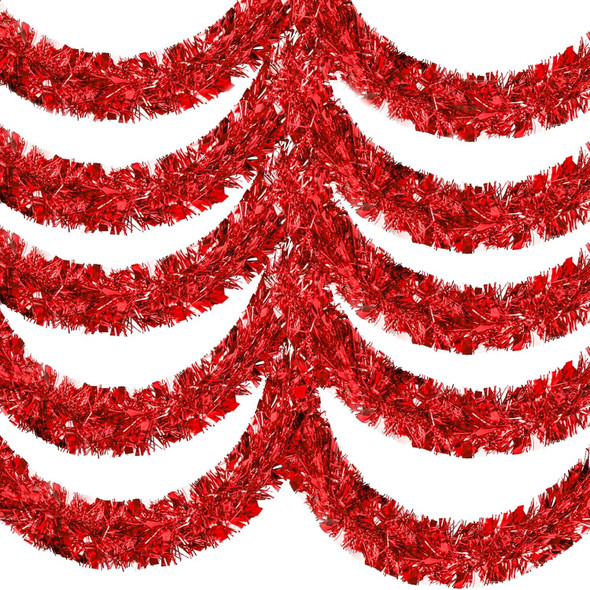 50FT Red Christmas Tinsel Garland, Metallic Twist Shiny Hanging Garland Ornaments for Xmas Tree Party Supplies Thick Thin Metallic Streamers for Indoor Outdoor Decor