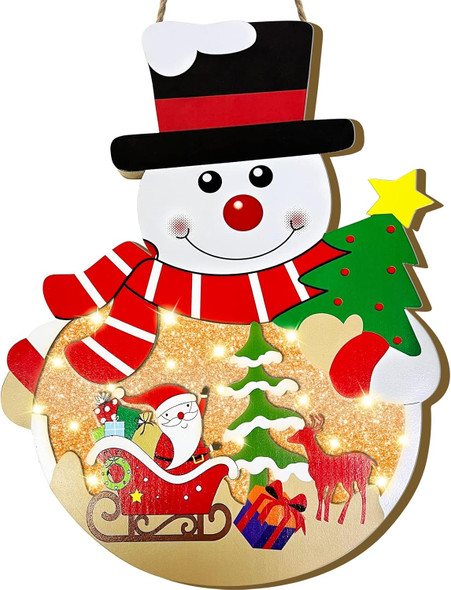 Lighted Christmas Wreaths for Front Door Sign Pre-Lit Snowman & Timer Christmas Door Decorations Hanging Sign Wooden Xmas Decor Window Wall Office Home Decor Indoor Outdoor