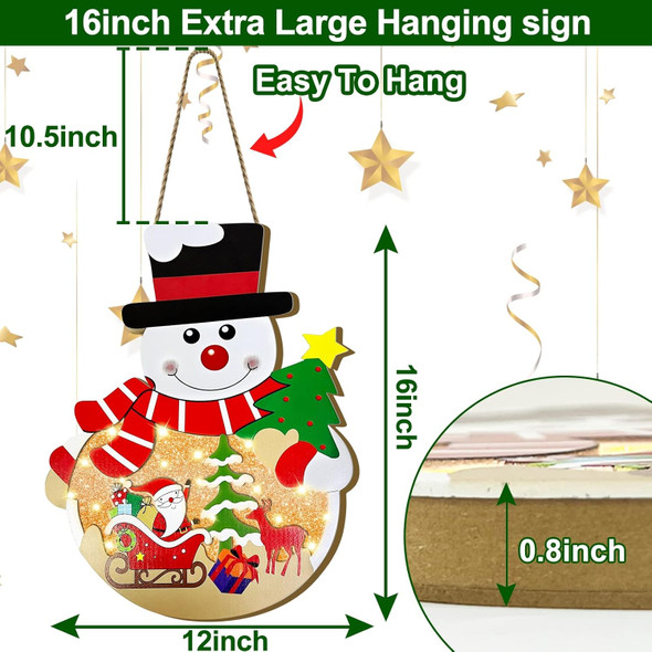 Lighted Christmas Wreaths for Front Door Sign Pre-Lit Snowman & Timer Christmas Door Decorations Hanging Sign Wooden Xmas Decor Window Wall Office Home Decor Indoor Outdoor