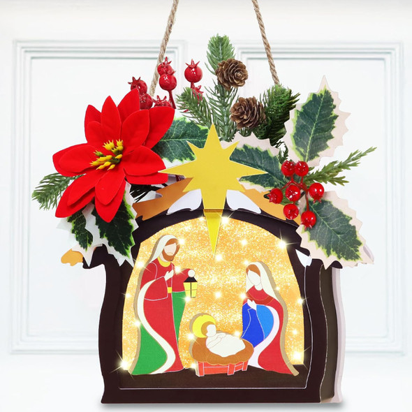 Pre Lit Grandeal Nativity Scene Door Sign with Timer Christmas Door Decorations Religious Wreath Holy Family Wooden Sign Hanging or Table Decor Christmas Decor for Window Wall Desk Office Home Decor