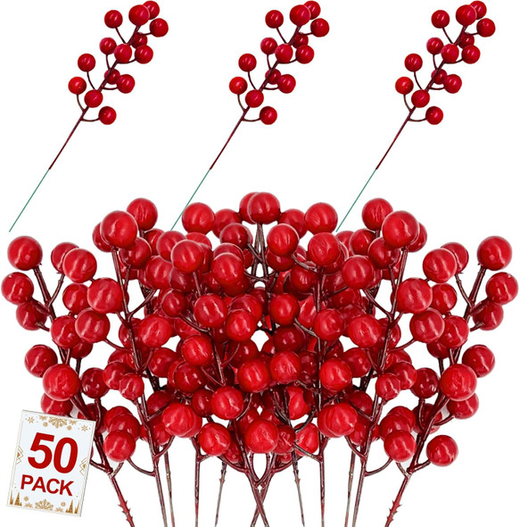 50 Pack Red Berry Stems Waterproof Christmas Picks Sprays Holly Berry Branches Christmas Tree Decorations Artificial Flower for Vase DIY Crafts Xmas Ornament Wedding Winter Holiday Home Decor