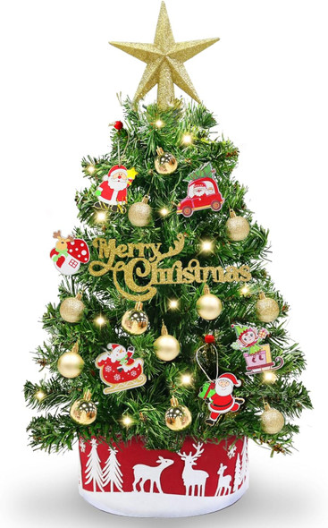 24 Inch Mini Table top Christmas Tree with Timer 30 LEDs & 34 Ornaments 2 Ft Small Tabletop Christmas Tree with Lights Artificial Christmas Decorations Desk Kid Room Office Home Decor Xmas