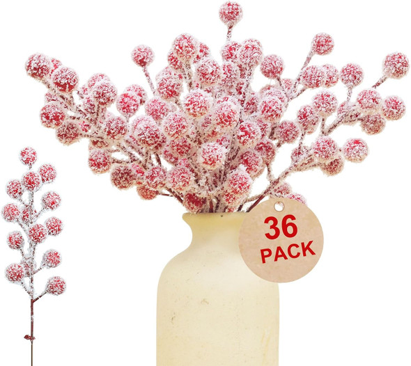 36 Pack Frosted Red Berries Stems Snowy Waterproof Holly Berry Christmas Picks Sprays Artificial Flower for Christmas Tree Decorations Wreath DIYs Crafts Vase Wedding Xmas Ornament Home Decor