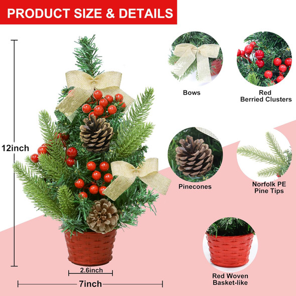 3 Pcs 12 Inch Mini Christmas Trees for Desk Office Tiny Miniature Christmas Tree Table Top Decorated Basket Base Bows Pinecones Berried Tabletop Artificial Small Christmas Decorations Home Decor Xmas