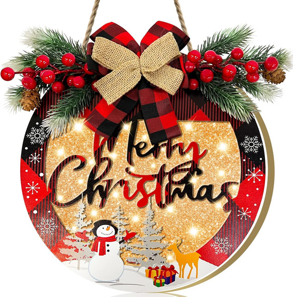 [Pre-Lit & Timer] Merry Christmas Wreath Sign for Front Door Sign with Lights Christmas Decorations Battery Operated Buffalo Plaid Bow Snowflake Snowman Decorated Window Wall Home Decor Xmas Farmhouse