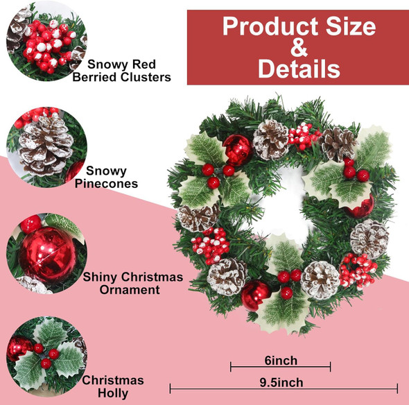 3 Pcs 9.5 Inch Small Christmas Wreath Mini Christmas Door Wreath with Ball Frosted Pinecone Berried Holly Christmas Decorations for Indoor Window Wall Stairs Room Home Office Decor Kitchen