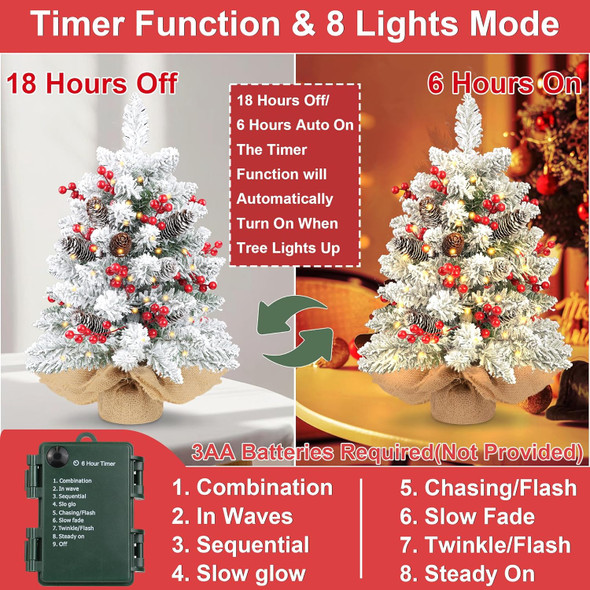 24 Inch Snow Flocked Pre-lit Christmas Tree Tabletop Decor with 50 Warm Lights Timer 8 Modes Battery Operated Artificial Small Christmas Tree 70 Red Berries Pinecones Christmas Decorations Home Indoor