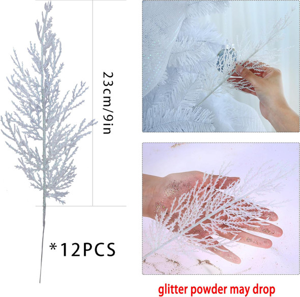 GREENTIME 12 Pack Artificial White Flat Glitter Pine Needles 13" Fake Christmas Picks Decorative Glitter Sticks for Vase Christmas Tree DIY Wreath Crafts Fireplace Decor