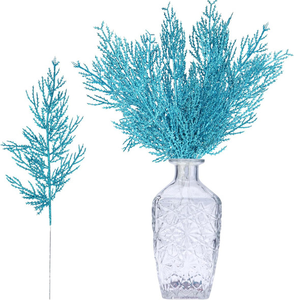 GREENTIME 12 Pack Artificial Blue Flat Glitter Pine Needles 13" Fake Christmas Picks Decorative Glitter Sticks for Vase Christmas Tree DIY Wreath Crafts Fireplace Decor