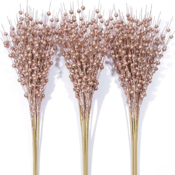 24-Pack Champagne Christmas Tree Ornaments, Christmas Tree Picks, Artificial Glitter Branches 17 Inch Christmas Berry Branches for Christmas Tree, Vase, Holiday, Wedding, Party Decor