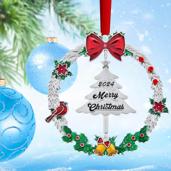 Christmas Ornaments Decoration,Metal Christmas Wreath Hanging Ornaments for Tree,with Rotatable Tree Dated Shiny Silver Ornaments Holiday Decorative Xmas s for Family Friends