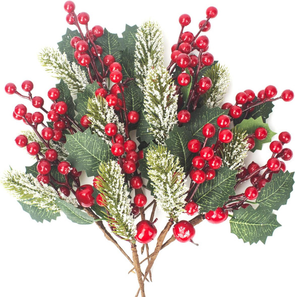 Grunyia 10 Pack Christmas Artificial Berry Twigs for Christmas Tree Decoration, DIY Christmas Red Berry Stems for Crafts Wreath Garland Christmas Ornaments Decor