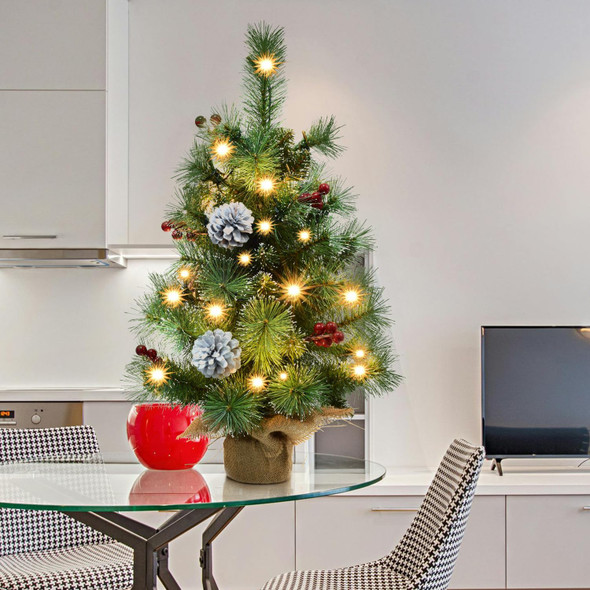 Pre-lit Mini Christmas Trees, Little Christmas Tree with Flocked Pine Needles, Pine Cones, Berries Christmas Decoration, 2 ft Burlap Base Small Trees with 25 Led Lights for Table Top Xmas Decoration