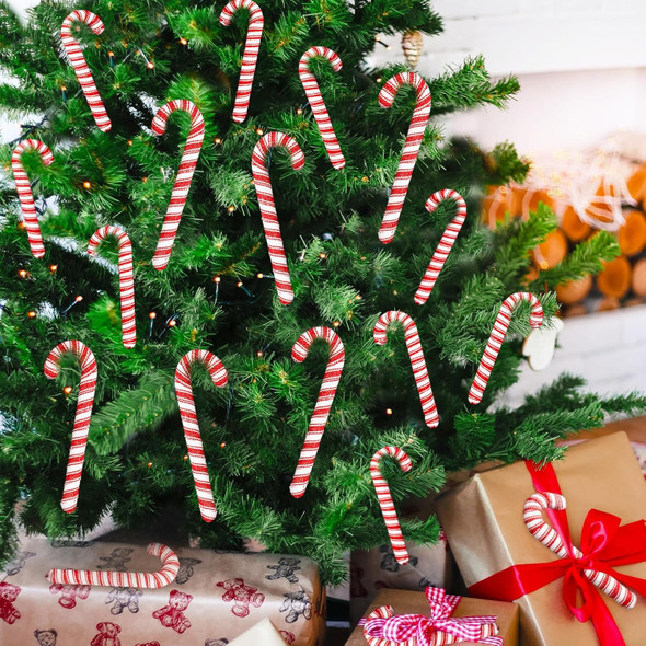 24pcs Candy Cane Christmas Decorations for Tree - Red White Fabric Wrapped Candy Cane Christmas Hanging Ornaments for Farmhouse Christmas Decor Candyland Party Favor Supplies