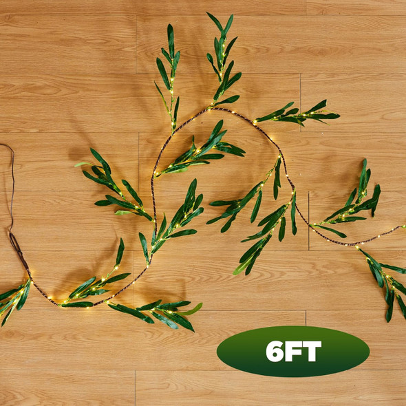 Olive Garland with Lights 6FT 96 LED Fairy Lights Battery Operated with Timer, Faux Vine with Lights for Decoration Inside Outside Christmas Valentines Wedding