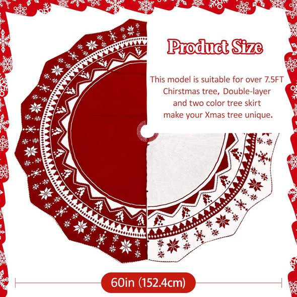 Christmas Tree Skirt 60 Inch, Double-sided Knit Red Tree Skirt with Snowflakes Patterns Large Knitted Xmas Tree Skirt Rustic Tree Skirt for Christmas Trees Party Holiday Christmas Decorations