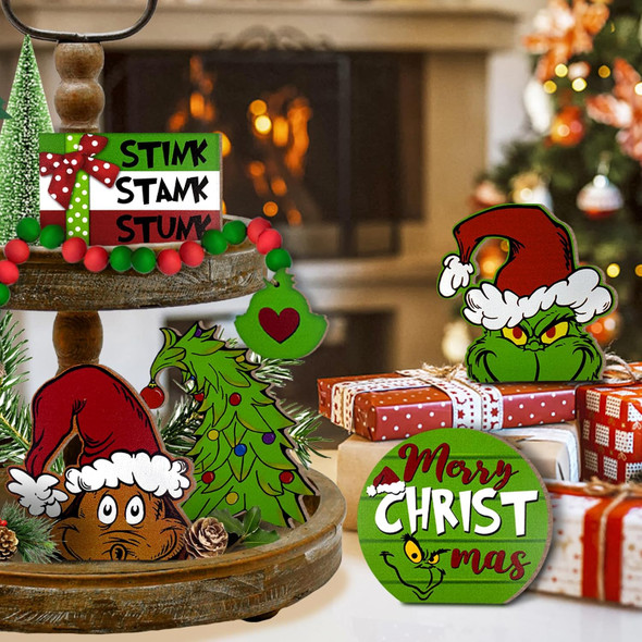 Christmas Tiered Tray Decor, Merry Christmas Tray Decorations, Christmas Tree Max Stink Stank Stunk Wooden Signs Beads Garland, Xmas Holiday Home Decor for Tabletop Shelf Party Mantel