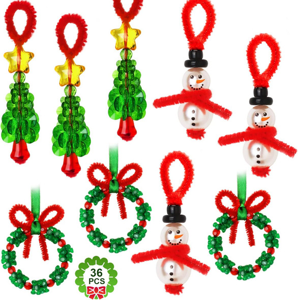 GYGOT Christmas Crafts for Kids,36 Sets Christmas Beaded Ornament Kit-Including 12 PCS Snowman/12 PCS Christmas Tree/12 PCS Wreath,Xmas Party Holiday Craft Tree Decorations (Assembly Needed)
