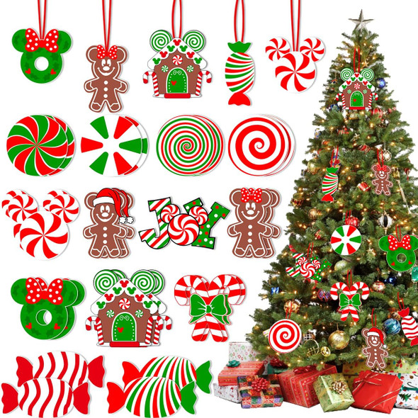 26Pcs Christmas Tree Decorations,Christmas Lollipop Candy Cane Ornaments Paper Cards Hanging Mick-ey Mouse Gingerbread Christmas Decor for Peppermint Christmas Tree Decorations