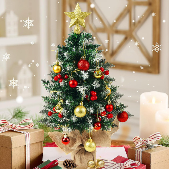 Mini Christmas Tree with LED Lights, 24 Inch Tabletop Christmas Tree with Berries Star Treetop Ornaments Balls Artificial Small XMS Tree for Table Desk Home Christmas Holiday Decor