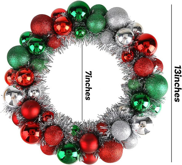 HAKACC Christmas Decor Ball Wreath, 13 Inches Red and Green Ornament Wreath Garland Decoration for Christmas Festival Celebration Door Window Wall Home Theme Party Decoration