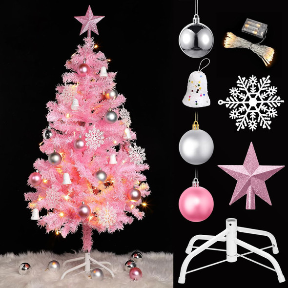 34 Pieces Christmas Tree Decorations Include 4 ft Artificial Christmas Tree with Metal Feet, String Lights, 31 Small Accessories for Home Christmas Party Decoration (Pink)