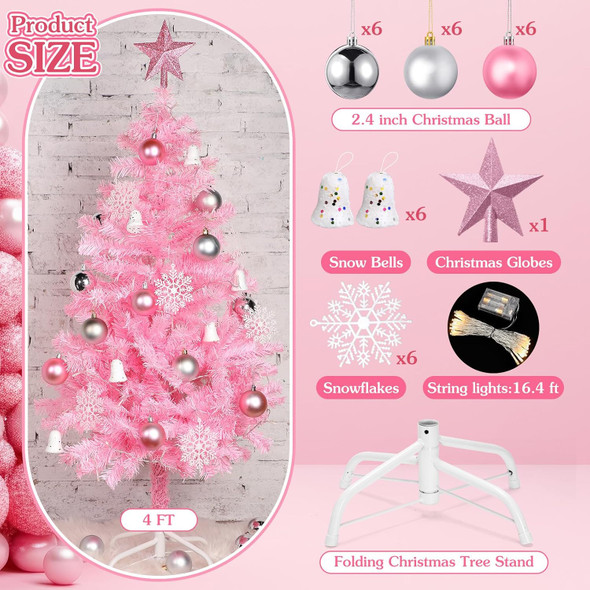 34 Pieces Christmas Tree Decorations Include 4 ft Artificial Christmas Tree with Metal Feet, String Lights, 31 Small Accessories for Home Christmas Party Decoration (Pink)