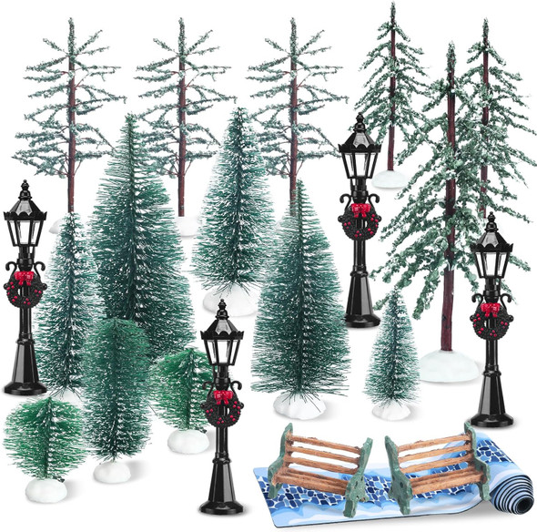 22 Pcs Christmas Village Sets Accessories Miniature Pine Trees Christmas Village Frosted Christmas Tree Figurine Streetlight Lamps Village Street Mat Park Bench Seat for Xmas Winter Decor