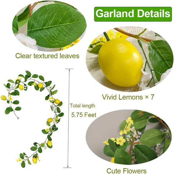 Artificial Lemon Garland with Fairy Lights Spring Summer Greenery Lemon Vine Plant Vivid Fruit Dense White and Yellow Flowers Hanging Wreath for Home Garden Wedding Party Christmas Décor