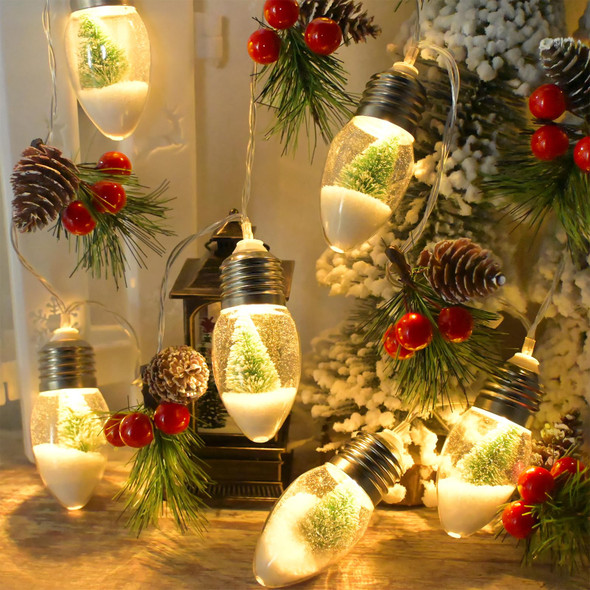 6.56 FT Christmas Pine Garland with Lights 10 Tree Snow Bulbs Pine Christmas Tree String Lights Battery Powered with Timer Indoor Christmas Decoration for Home Bedroom Wedding Party Vintage Xmas Decor