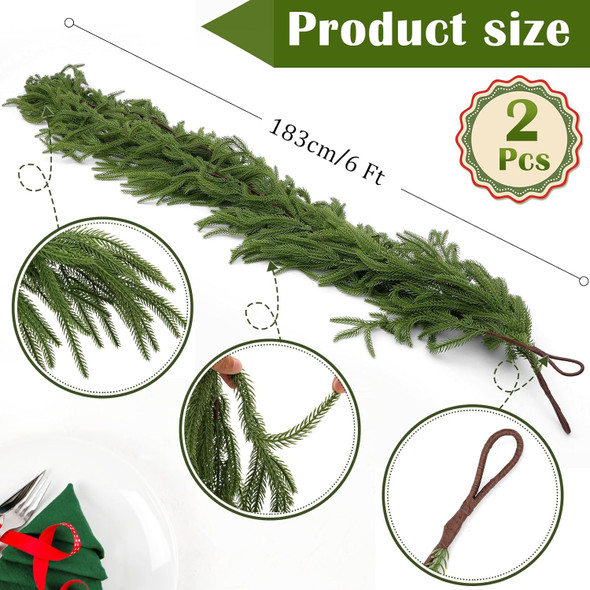 Hananona 2 Pcs Artificial Norfolk Pine Garlands, Real Touch Winter Pine Garland, Green Artificial Greenery Garland for Table, Mantle, Wall, Indoor, Outdoor Christmas Decorations (2, 6 FT)