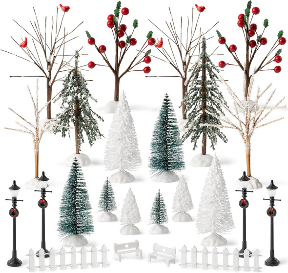 Haooryx 24pcs Mini Artificial Christmas Village Tree Accessories Miniature Pine Trees Park Bench Seat Snow Frost Trees Set Farmhouse Xmas Scene Figurines Decor Xmas Diy Crafts Village Collections