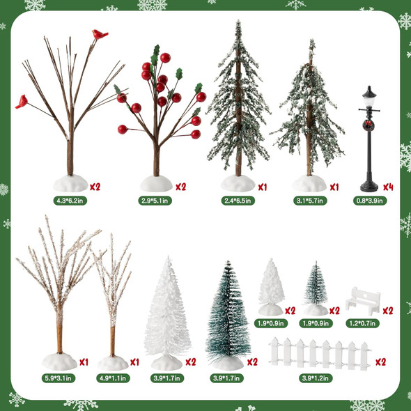 Haooryx 24pcs Mini Artificial Christmas Village Tree Accessories Miniature Pine Trees Park Bench Seat Snow Frost Trees Set Farmhouse Xmas Scene Figurines Decor Xmas Diy Crafts Village Collections