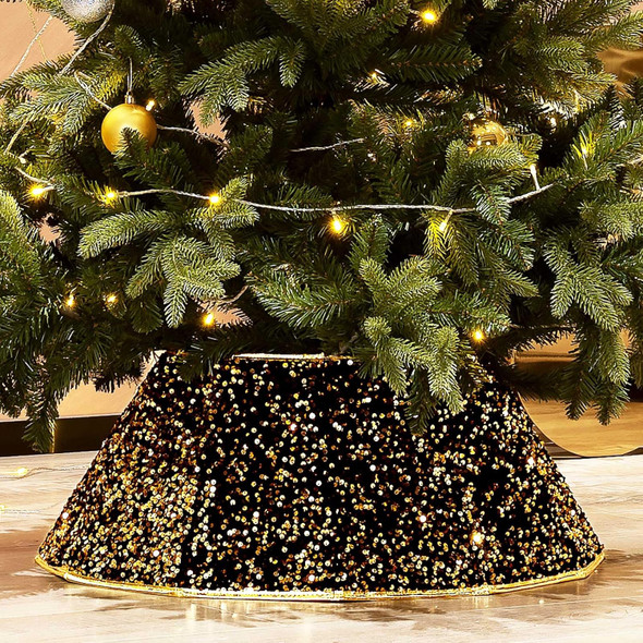 Sequin Christmas Tree Collar, Sparking Christmas Tree Base Cover, 26" D Foldable Dazzling Handcrafed Christmas Tree Ring for Christmas Tree Decoration (Gold Sequins, Diamond)