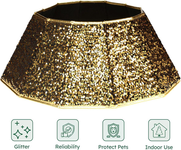 Sequin Christmas Tree Collar, Sparking Christmas Tree Base Cover, 26" D Foldable Dazzling Handcrafed Christmas Tree Ring for Christmas Tree Decoration (Gold Sequins, Diamond)