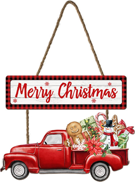 Christmas Welcome Sign Wreath for Front Door Decor 14.5x9in Merry Christmas Truck Sign Christmas Hanging Door Decoration Welcome Sign for Home Farmhouse Porch Wall Indoor Outdoor Xmas Holiday