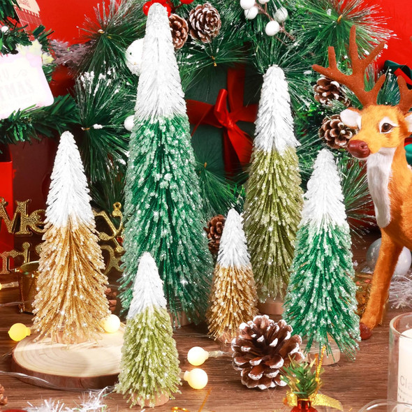 Hatisan 6pcs Mini Christmas Trees Bottle Brush Trees with Wooden Base Artificial Christmas Trees Christmas Decor for Village Tabletop Party Craft Indoor Outdoor(Mixed Colors)