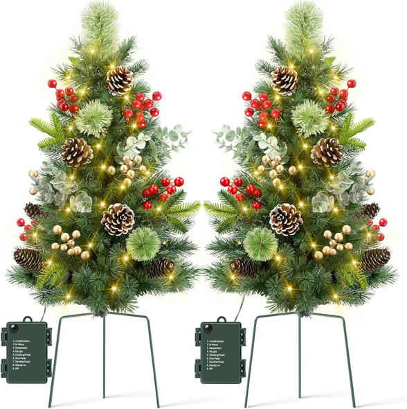 Hatisan Set of 2 30" Outdoor Pathway Christmas Trees, Battery Operated Christmas Tree with 60 LED Lights Berries Pine Cones Eucalyptus Stems, Outdoor Christmas Trees for Porch Garden Yard Driveway