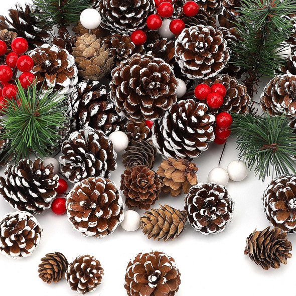 hatisan 115Pcs Christmas Pine Cones Berry Pine Branch Set White Christmas Decorations for DIY Crafts Home Xmas Tree Party Supplies, Assorted Sizes