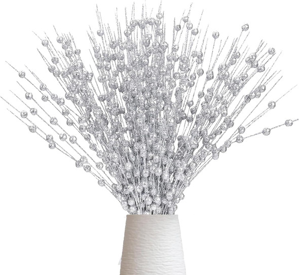 22 Pack Artificial Glitter Berry Stem Ornaments,Silver Christmas Glitter Picks Artificial Berries Stems Ornaments Fake Xmas Stem Decorative Sticks for Vases Tall DIY Wreath Home Decor(Silver)