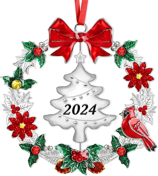 Christmas Ornaments for Tree,Christmas Wreath Ornaments with Rotatable Tree for Christmas Tree Decorations Holiday Decorative Annual Keepsake (Metal,Silver)