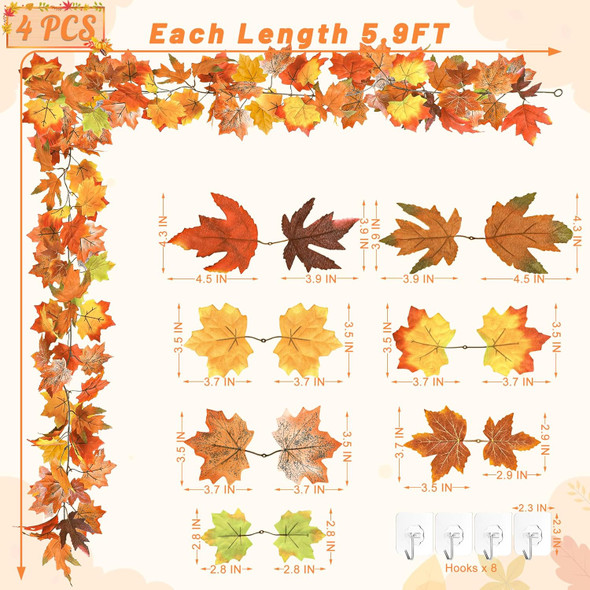 23.6FT Fall Decorations for Home, 4 Pcs Fall Garland for Mantle, Thanksgiving Decorations Indoor Outdoor, Halloween Decorations Autumn Decor, Fall Leaves Garland for Fall Decor Wedding Party
